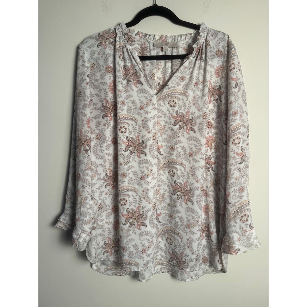 LOFT Women’s floral white and pink long sleeve blouse size large